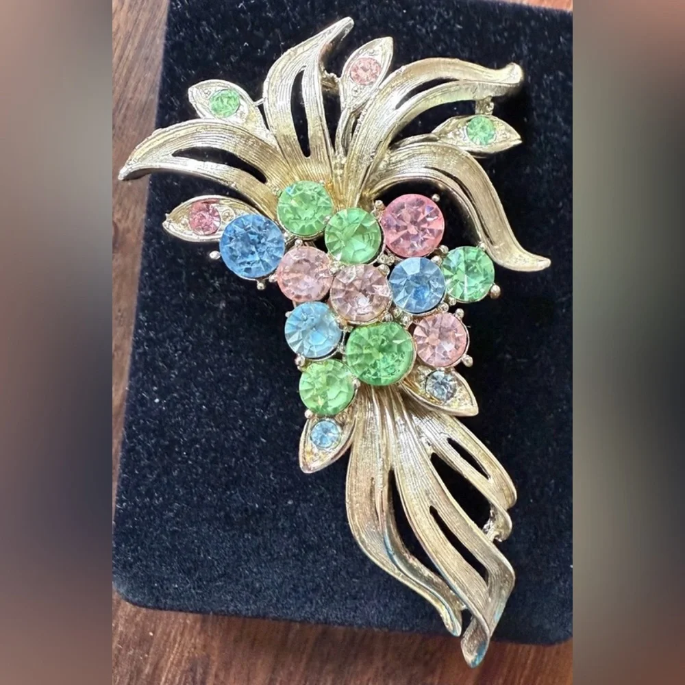 VTG Coro Uranium Glass Colorful Rhinestone Brooch Floral Fruit Gold Tone